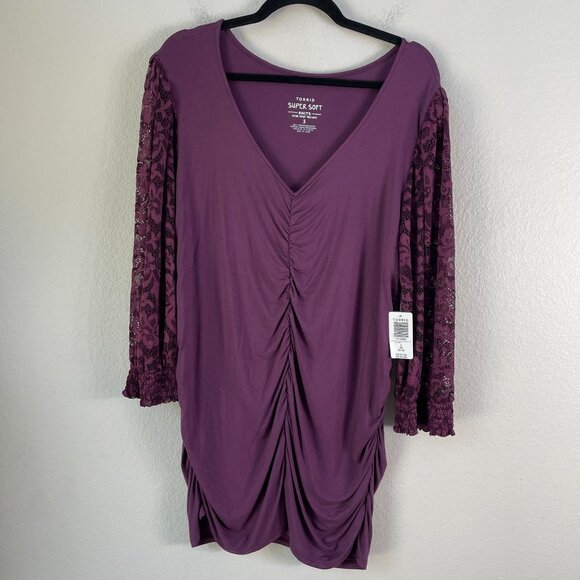NEW Torrid Plus 3X Super Soft Plum Lace V Neck Ruched Front Long Sleeve Top - Picture 1 of 8